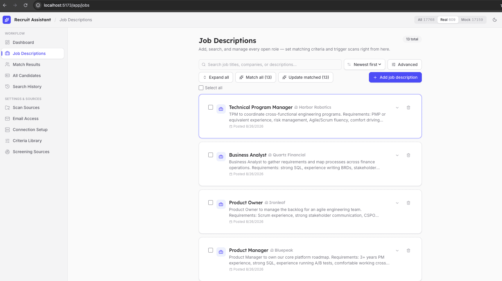 Recruit Assistant job descriptions list with match and scan actions