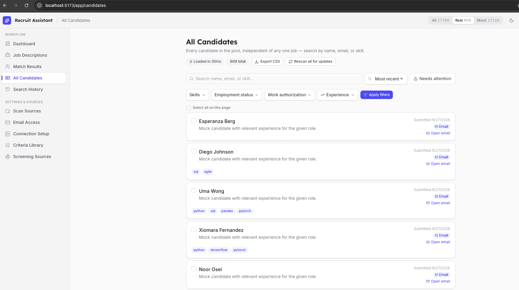 Recruit Assistant all-candidates view with search and filters