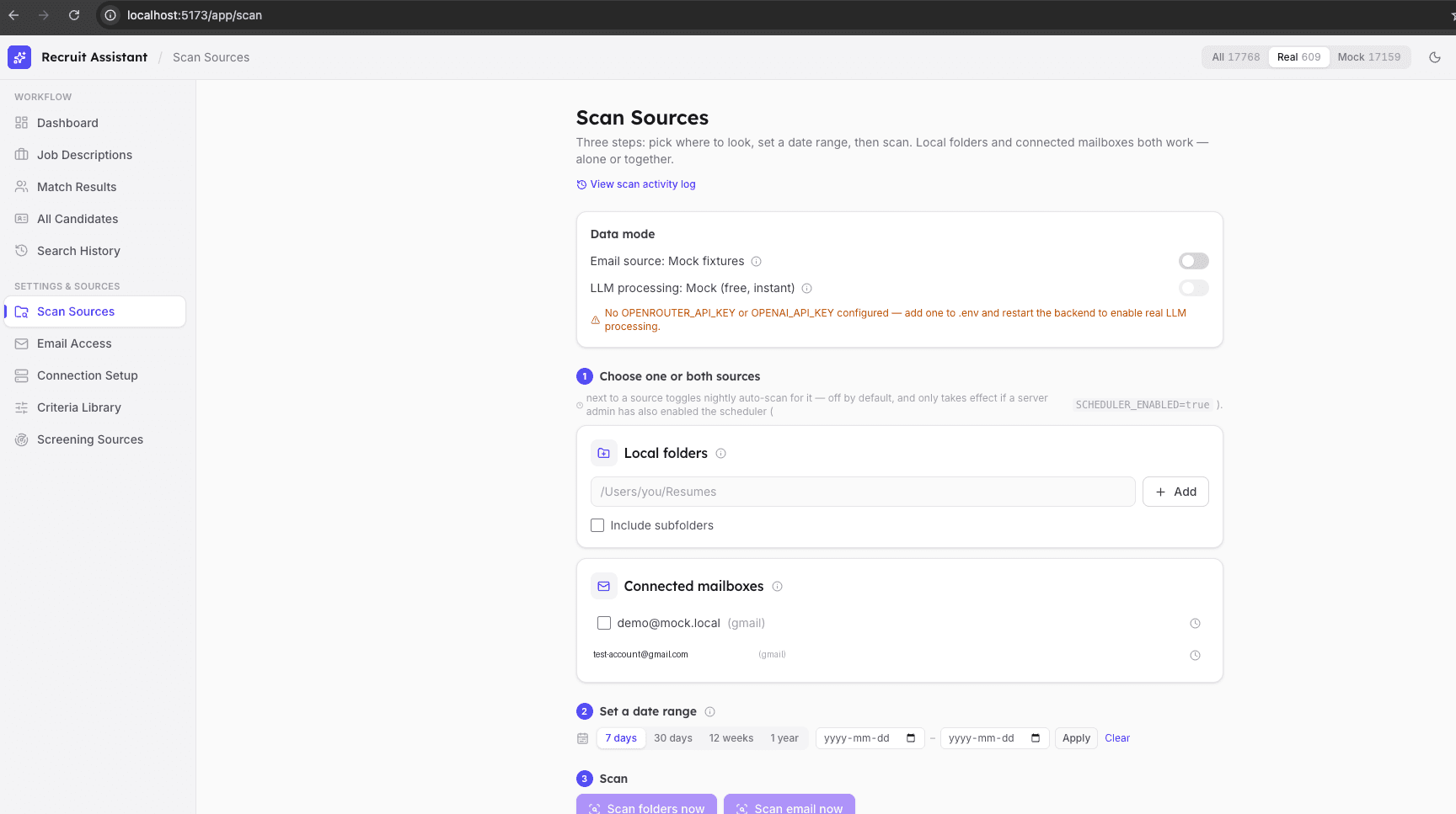 Recruit Assistant scan sources page for local folders and connected mailboxes