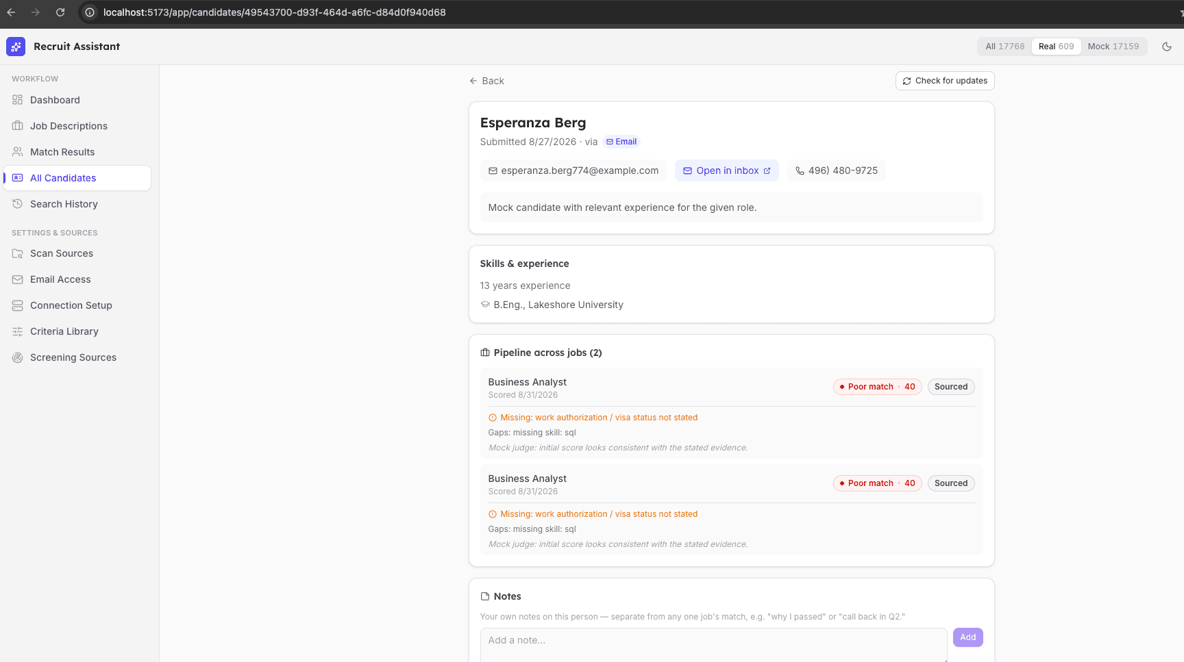 Recruit Assistant candidate detail page with pipeline history across jobs