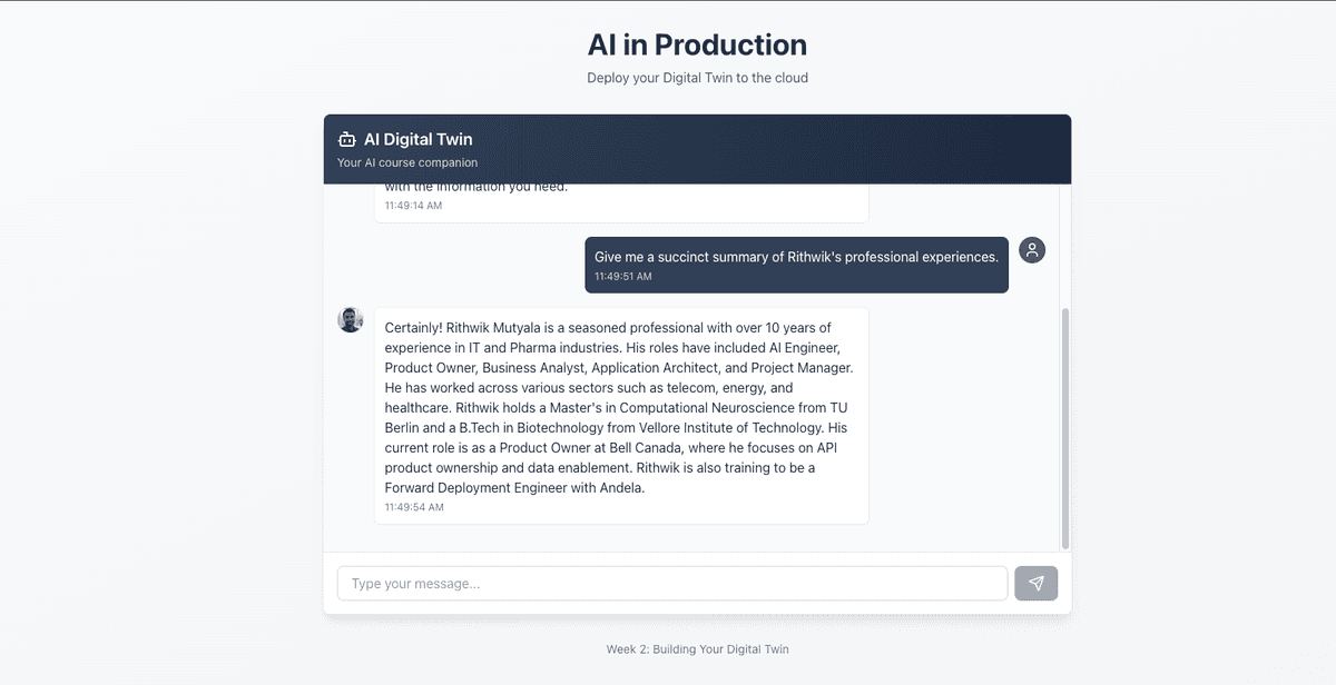 Digital Twin answering a question about professional experience