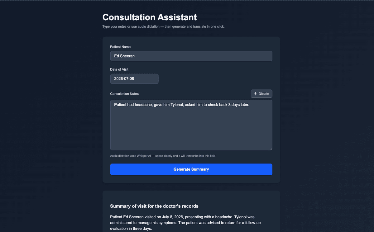 MediScribe consultation assistant with audio dictation