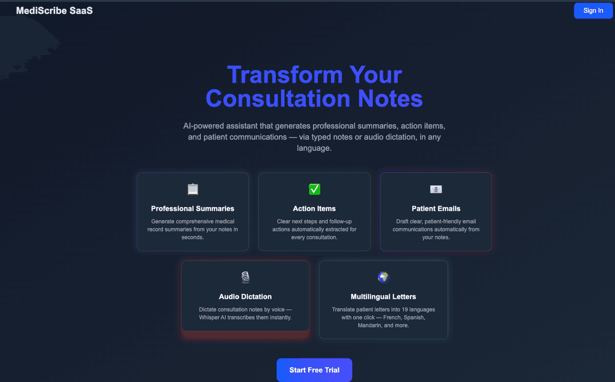 MediScribe landing page