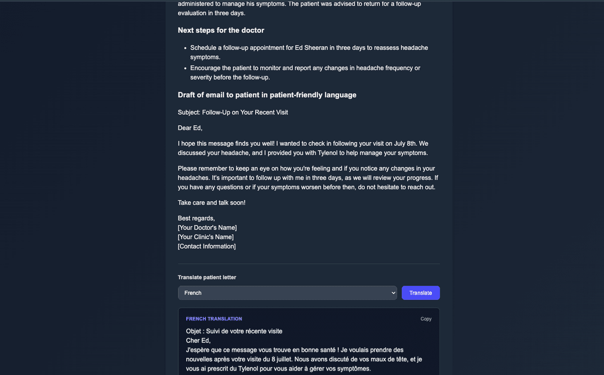 MediScribe generated summary and patient email