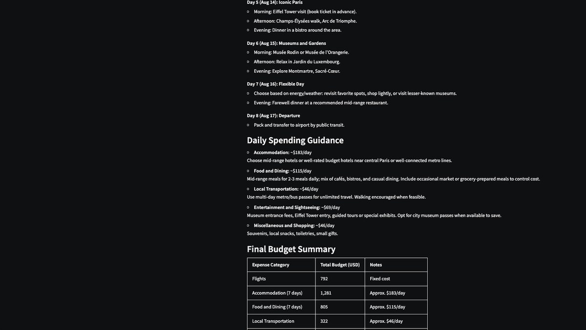 Generated day-by-day Paris itinerary